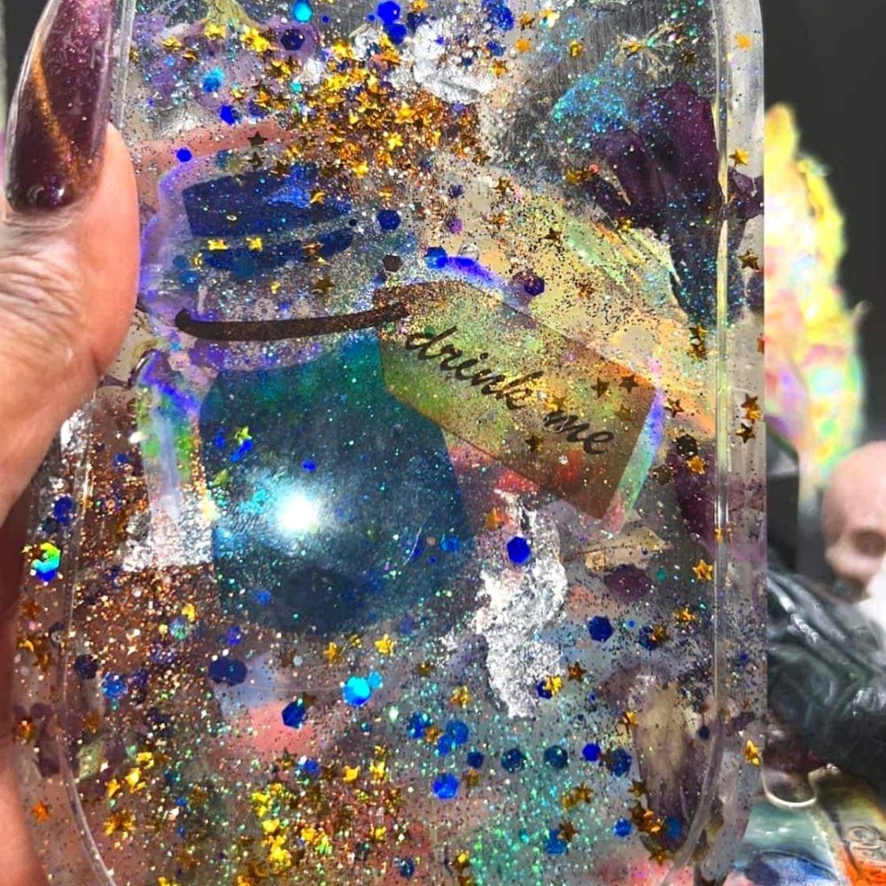 Drink Me Alice in Wonderland holographic themed handmade resin trinket tray